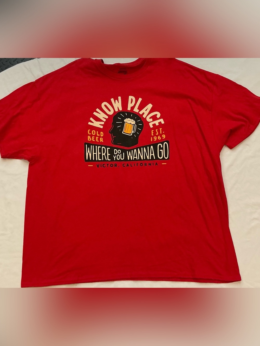 Red Graphic Tee with Beer Chest Print